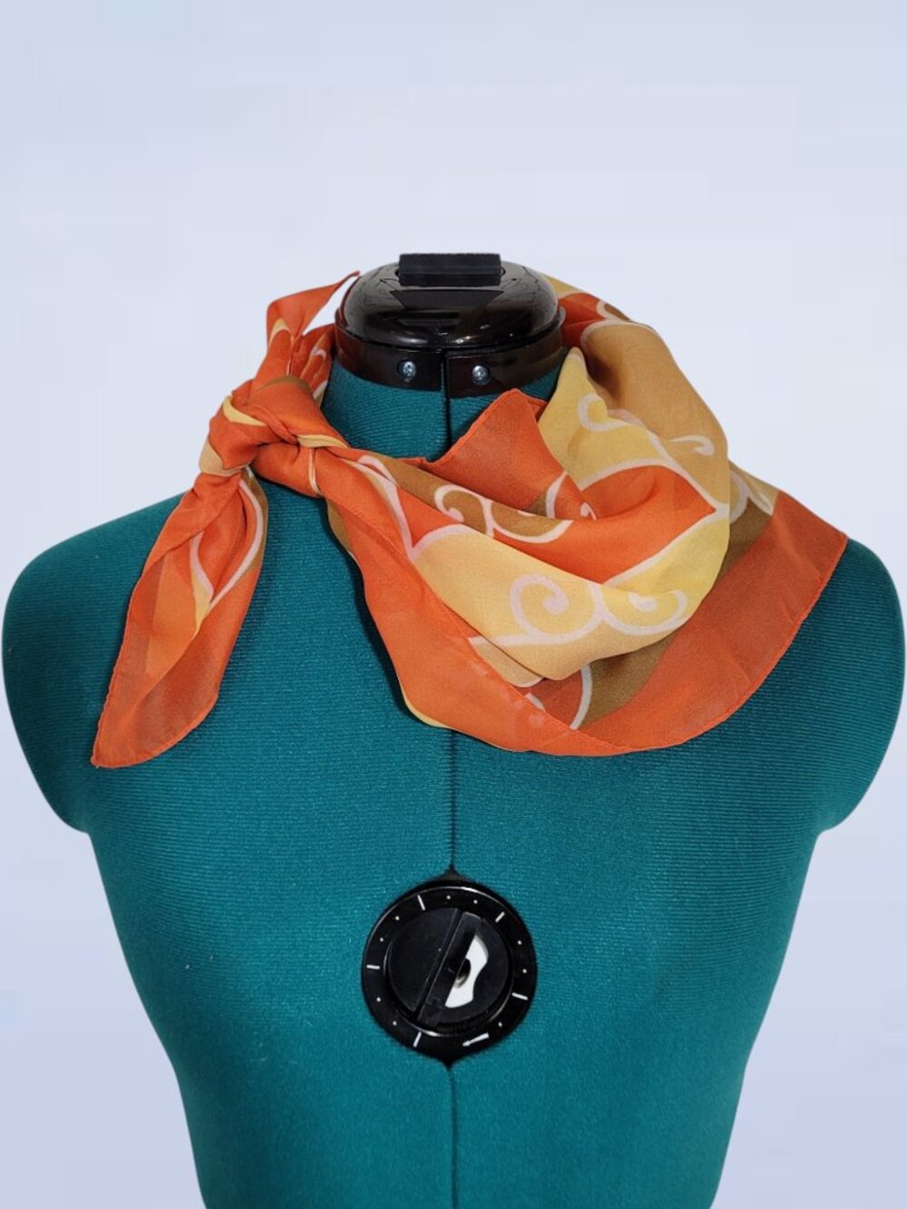 Vintage 1970s Orange & Gold Polyester Scarf | Retro Patterned Mod Head Wrap